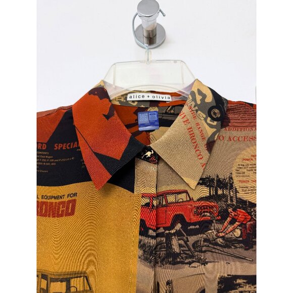 Alice + Olivia x Bronco Willa Shirt Blouse Car Horse Ford Print Orange Red S - Picture 4 of 14